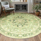 Area Rugs 5ft Washable Non-Slip, Floral Vintage Distress Print Pattern Medallion Carpet for Living Room Bedroom Dining Room, Sage Green Yellow