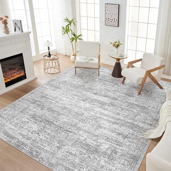 Area Rug Living Room Rugs - 5x8 Large Soft Indoor Neutral Modern Abstract Low Pile Washable Rug Carpet for Bedroom Dining Room Farmhouse Home Office - Vintage Grey