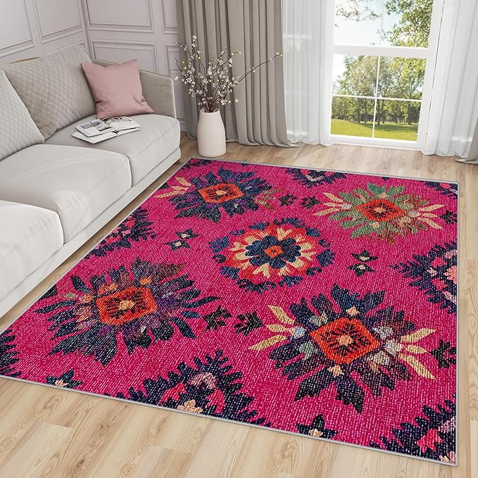 Southwestern Large Area Rug 8x10 - Ethnic Vintage Floral Medallion Rugs for Living Room Non Slip Low Pile Machine Washable Dining Room Rug, Southwestern Carpet Home Decor & Gifts