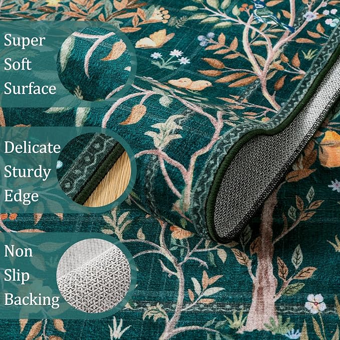 Morebes Boho Floral 2x6 Kitchen Runner Rug, Washable Rug Runners for Hallways Non Slip, Soft Botanical Flower Indoor Floor Carpet Runners for Bathroom Entryway Laundry Room, Dark Green
