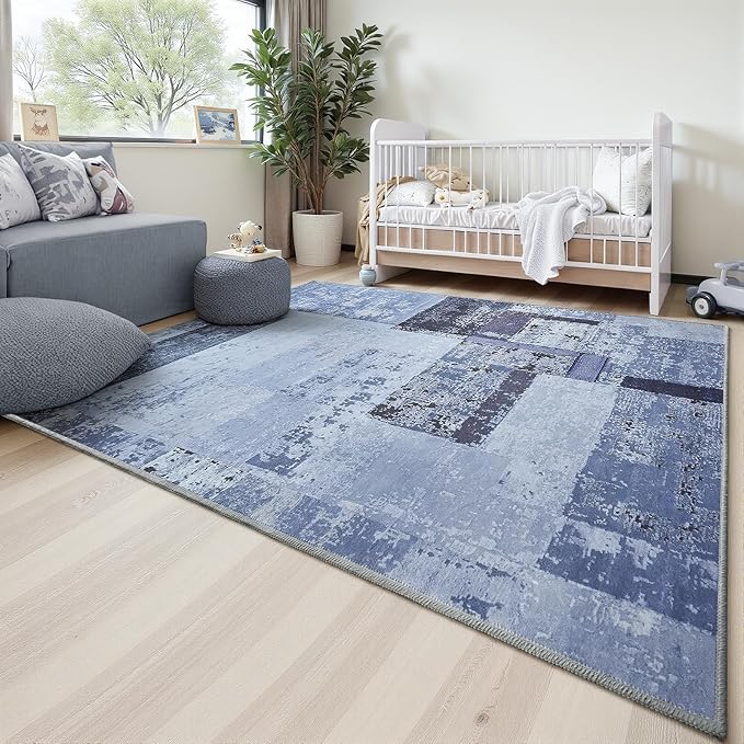 LOCHAS Rug for Living Room 6x9, Washable Soft Area Rugs for Bedroom, Abstract Carpet for Indoor Office Kids Dining Room Nursery Floor, Blue Geometric Vintage Home Decor, Non Slip, Pet Child Friendly