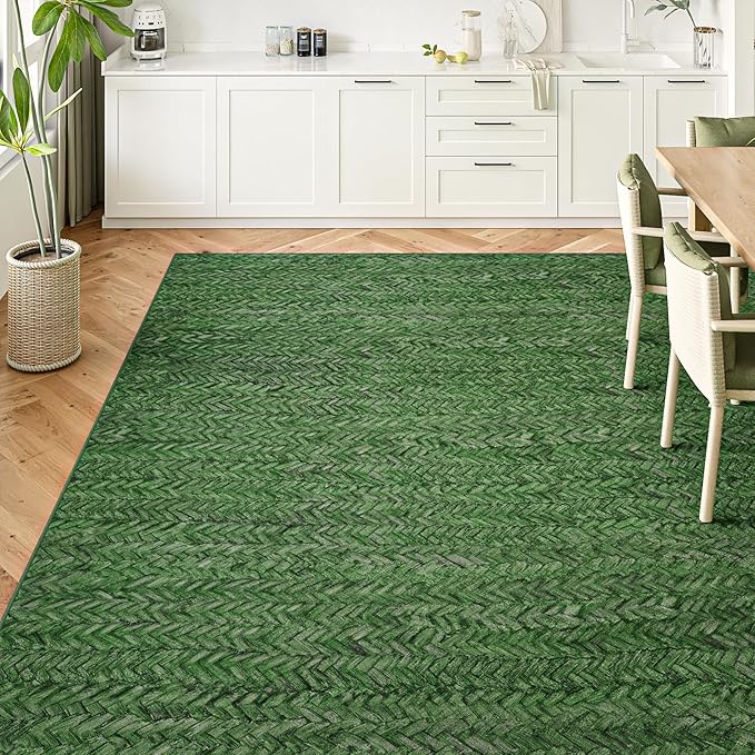 Eleisa Modern Vintage 8x10 Herringbone Chevron Area Rug for Living Room, Green, Non-Slip Stain Resistant Washable Rug, Farmhouse Home Decor Carpet for Bedroom, Kitchen, Dining Room