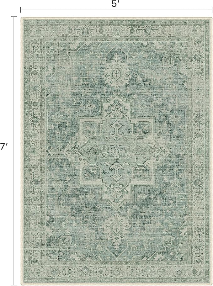 5x7 Area Rugs for Living Room, Machine Washable Rug, Non Slip Vintage Rugs, Low Pile Lightweight Print Rug for Bedroom, Dining Room, Home Office, Green