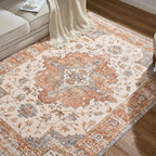jinchan Area Rug 4x6 Vintage Washable Bedroom Rug Floral Medallion Lightweight Non Slip Thin Retro Classic Soft Boho Floor Cover Farmhouse Carpet for Living Room Dining Room Kitchen Brick Red