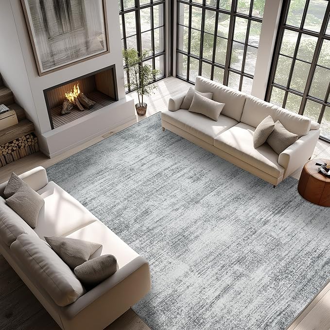 Grey 6x9 Area Rugs for Offic Room Non Slip Washable Rug Hardwood Floor Protector Low Pile Neutral Abstract Modern Floor Carpet for Bedroom Dining Room
