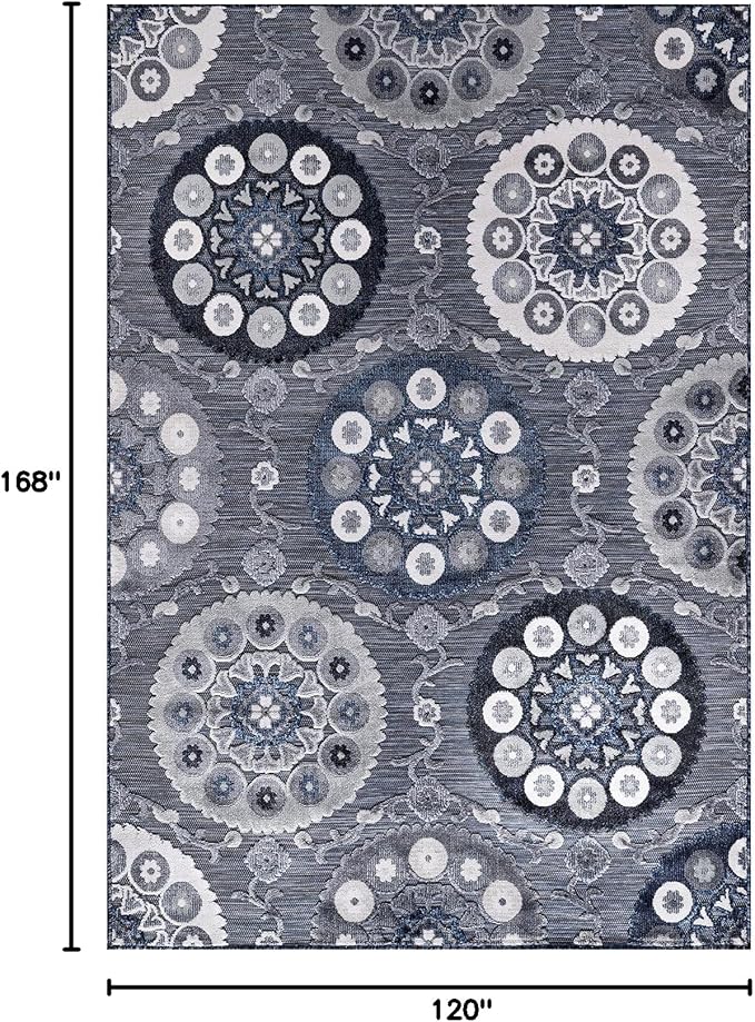 CAMILSON Indoor Outdoor Rug 10x14 Bohemian Medallion Floral Area Rugs for Indoor and Outdoor Patios Easy-Cleaning Non-Shedding Living Room Garden and Kitchen Washable Outside Carpet (10 x 14 / Navy)