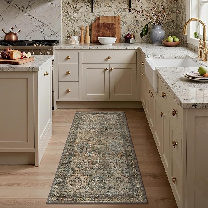 GENIMO 3x8 Runner Rugs for Hallway, Machine Washable Non Slip Vintage Rugs, Low Pile Lightweight Soft Print Rug for enrtyway, Corridor, Home Office, Kitchen, Warm Taupe