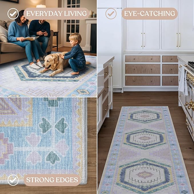 Fame Living Washable Area Rug. Modern Farmhouse. Vintage. Turkish. Bohemian. Distressed. Oriental. Traditional. Rugs for Living Room. Dining. Bedroom. Office. Entryway. Foyer. (856PBl, 2'5" x 4'9")