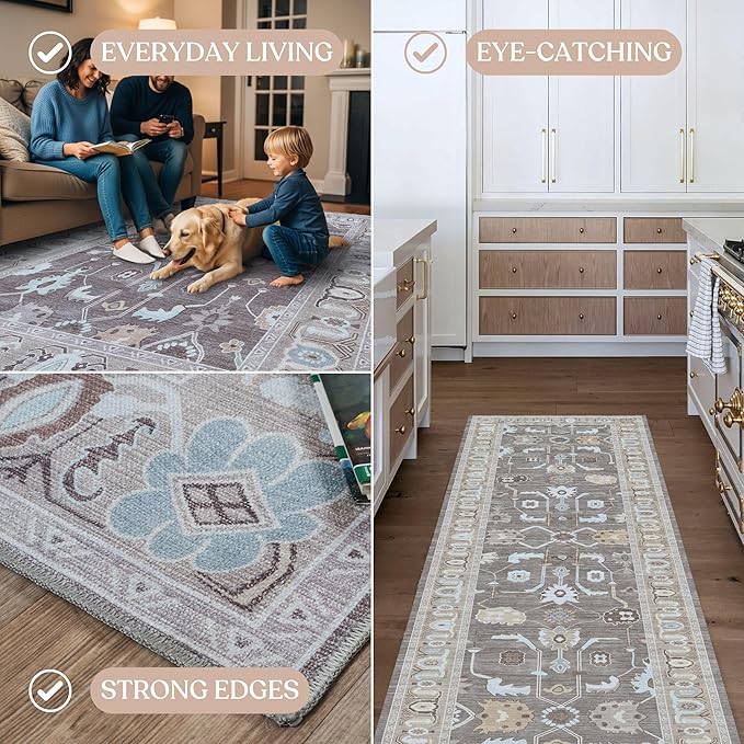 Brown Oushak Rug, Modern, Vintage, Turkish, Eclectic, Floral, Pastel, Washable, Extra Large Area Rugs for Living Room, Dining, Bedroom, Lounge, 9'x12'