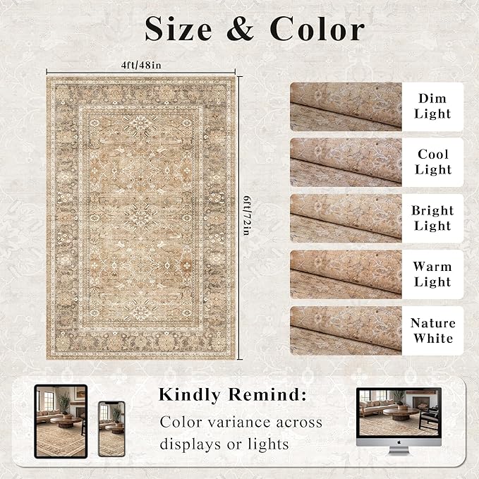 HelloTree Vintage Area Rug 4x6 Khaki Entryway Office Washable Carpet Non Slip Backing Printed Distressed Rugs for Bedroom Vintage Boho Tribal Area Rugs for Bathroom Bedroom Dining Living Room-Khaki