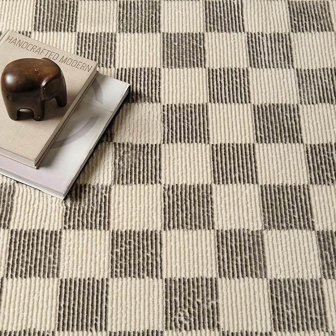 Revival Rugs Gambit 6'7"x9' Checkered Rug Washable Area Rug for Living Room Bedroom - 100% Recycled Oeko-TEX Certified, Medium Pile, Gray, Beige