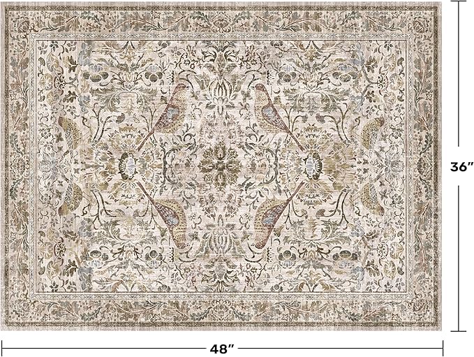 3x4 Large Entryway Rugs - Machine Washable Floral Area Rug for Bedside, Oriental Non-Slip Kitchen Floral Mats, Botanical Design Stain Resistant Carpet, Vintage Farmhouse Décor (Moss)