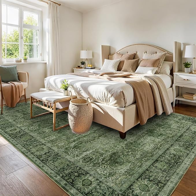 5x7 Green Washable Rug for Living Room Large Vintage Distressed Bedroom Rug Low Pile Non-Slip Soft Boho Carpets for Bedroom Dining Room Home Office Indoor Nursery