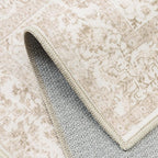 Beige Area Rug 9x12 Machine Washable Large Vintage Living Room Distressed Non Slip Carpet Traditional Indoor Bedroom Retro Floral Accent Throw Rug for Office Kitchen Dining Room