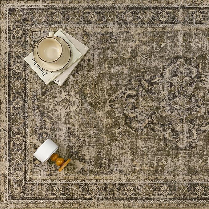 9x12 Washable Area Rug Brown Vintage Distressed Large Rug for Living Room Oriental Soft Thin Indoor Retro Carpet Non Slip Low Pile Floor Cover for Bedroom Dining Room Office Nursery