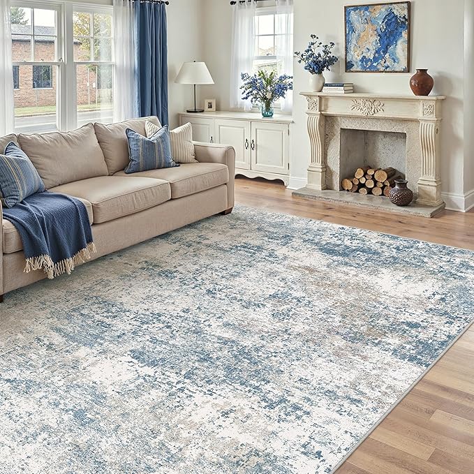 Blue 6x9 Area Rug Washable Modern Abstract Living Room Carpet Non Slip Neutral Low Pile Soft Contemporary Aesthetic Bedroom Large Rug Indoor Office Dining Room Playroom
