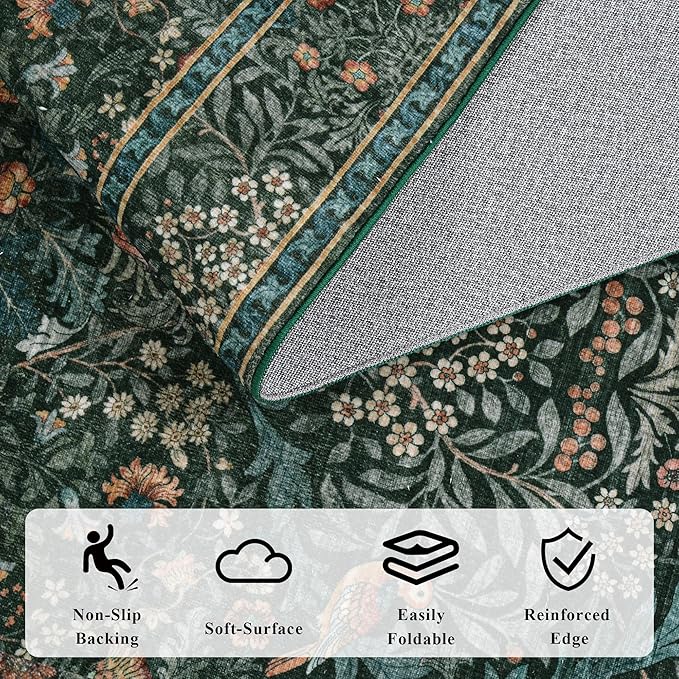 9x12 Floral Washable Area Rug for Living Room, Vintage Boho Large Rugs for Bedroom Dining Room, Botanical Birds Non Slip Low Pile Forest Throw Carpet for Farmhouse Office, Retro Green/Blue