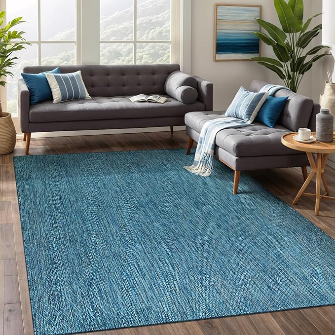 Beverly Rug Indoor Outdoor Rug 6x9, Washable Outside Carpet for Patio, Deck, Porch, Solid Modern Area Rug, Water Resistant, Aqua Blue