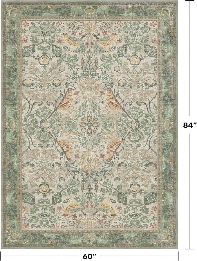 Washable Sage Green Area Rugs 5x7 for Living Room, Bedroom Bedside, Dinning Room, Office with Botanical Floral Bird Pattern, Muted Green Non Slip Stain Resistant Low Pile French Country Decor