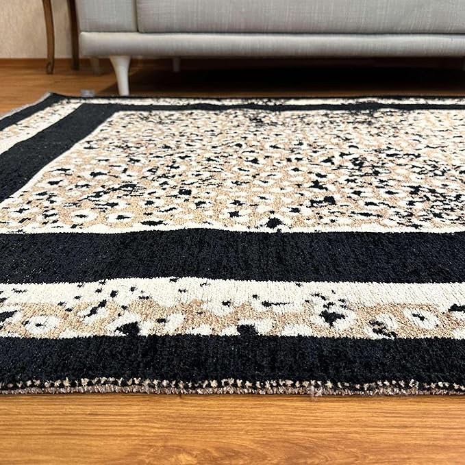 Alfa Rich 5x8 Leopard Beige Black Washable Area Rugs for Living Room Bedroom Reversible Cotton Rug