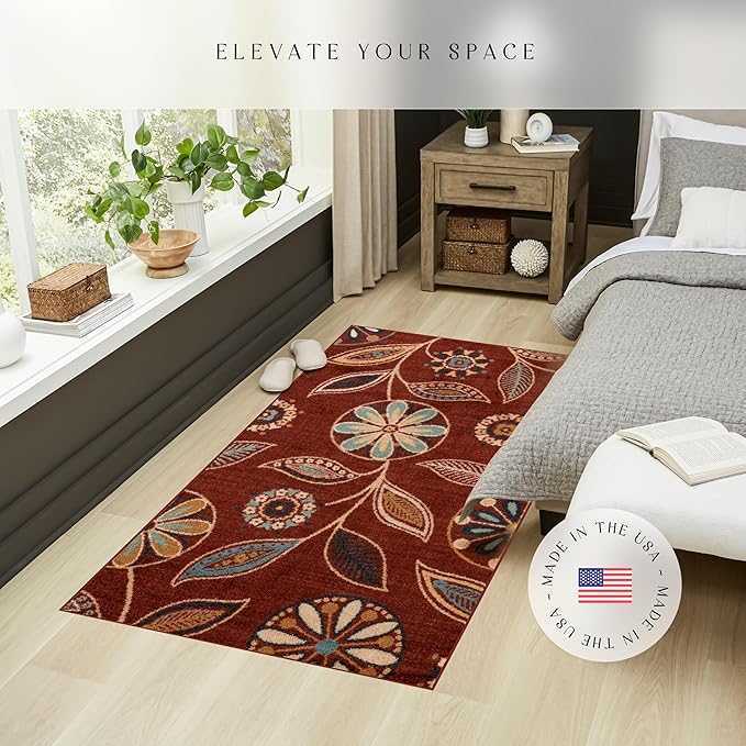 Maples Rugs Reggie Floral Area Rug - Made in USA - Washable, Non Slip, Pet-Friendly Mats for Living Room, Bedroom, and Office, 3'4 x 5, Merlot