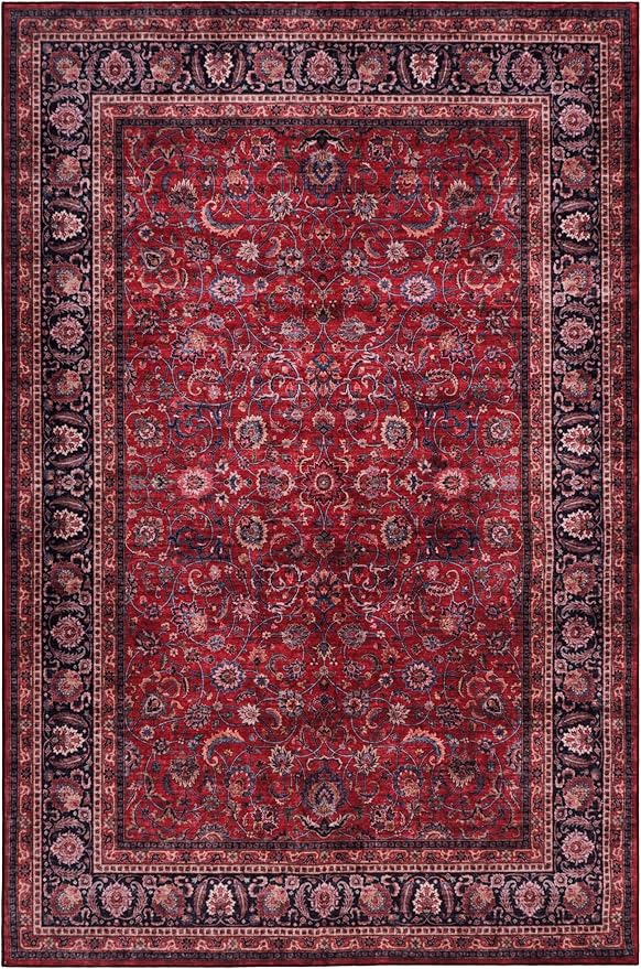 GLN Rugs Traditional Collection - Machine Washable Area Rug, Traditional Washable, Non Slip, Low Pile Chenille Rug, Living Room, Bedroom, Kitchen Rug (5' x 7' Dark Red)