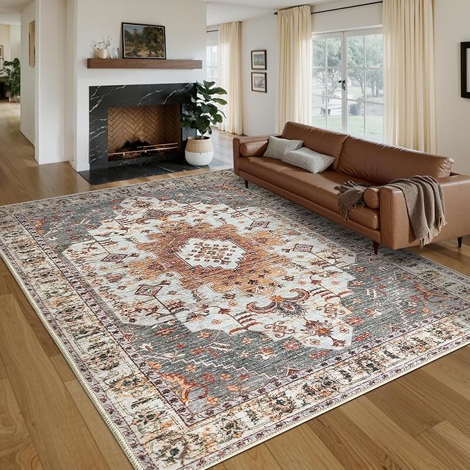 Tangsoo 5x7 Area Rug Washable Rugs for Living Room, Vintage Indoor Non Slip Large Area Rugs, Print Distressed Turmeric Carpet, Soft Low Pile Rug Foldable Floor for Bedroom Dining Room Dorm
