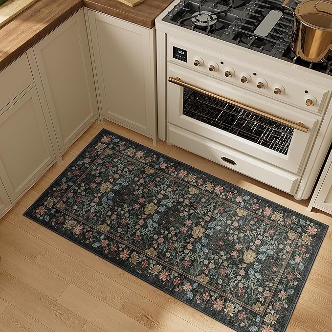 DUKINO 2x4 Rug for Entryway, Lightweight Washable Runner Rug with Non Slip Backing, Vintage Floral Low Pile Small Carpet Runner for Kitchen, Hallway, Entryway, Bathroom, Bedroom, Black