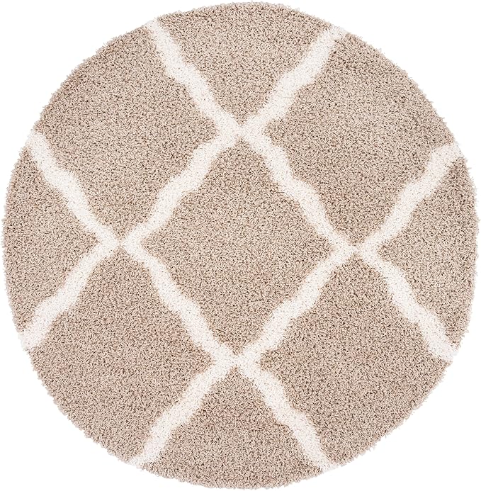SAFAVIEH Dallas Shag Collection Area Rug - 8' Round, Beige & Ivory, Trellis Design, Non-Shedding & Easy Care, 1.5-inch Thick Ideal for High Traffic Areas in Living Room, Bedroom (SGD257D)