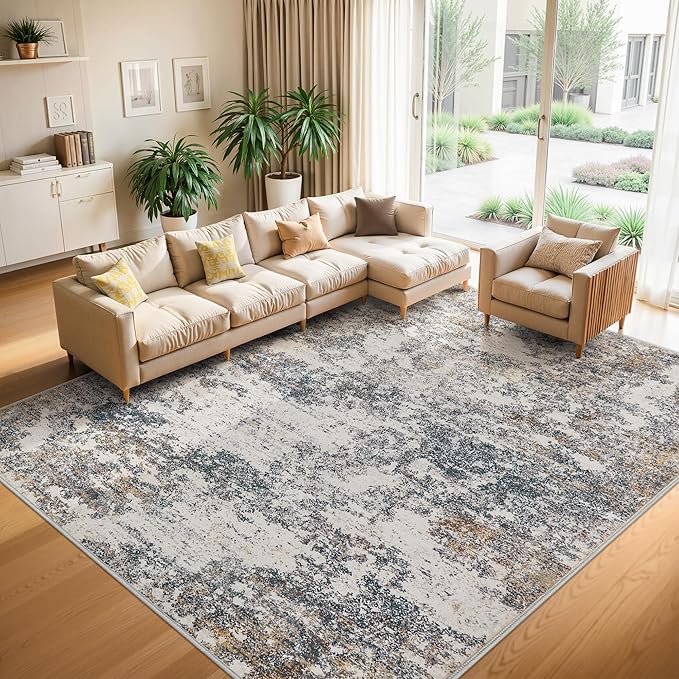 8x10 Area Rugs Machine Washable - Modern Abstract Large Rugs for Living Room Soft Anti-Skid Thin Carpet for Bedroom, Under Dining Table, Nursery, Farmhouse,Home Office (8'x10' Tan Blue)