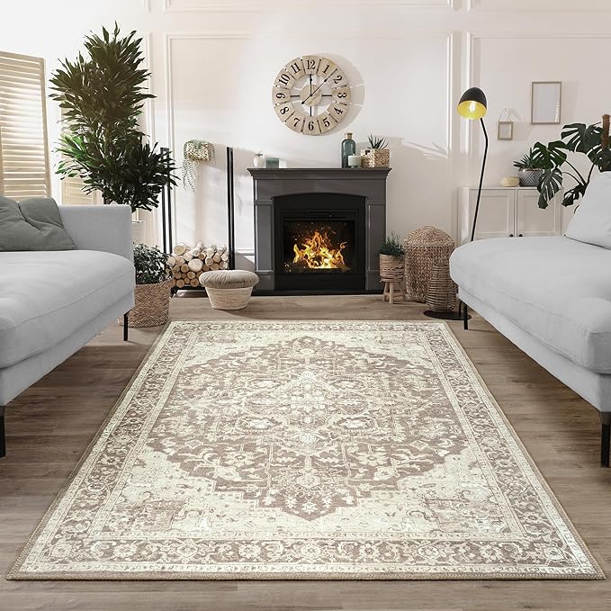 Bloom Rugs Washable Non-Slip 9' x 12' Rug - Light Brown Traditional Medallion Area Rug for Living Room, Bedroom, Dining Room, and Kitchen - Exact Size: 9' x 12'