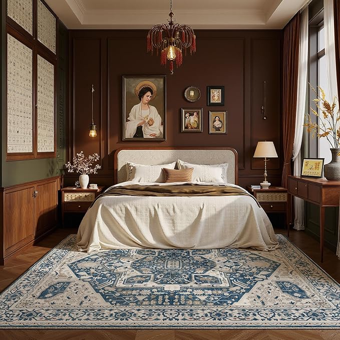 EnHomee 8x10 Area Rugs Washable for Bedroom, Boho Vintage Rugs, Foldable Area Rug for Dining Room, Non-Slip Soft Living Room Rug, Low Pile Large Carpet for Bathroom, Blue and White