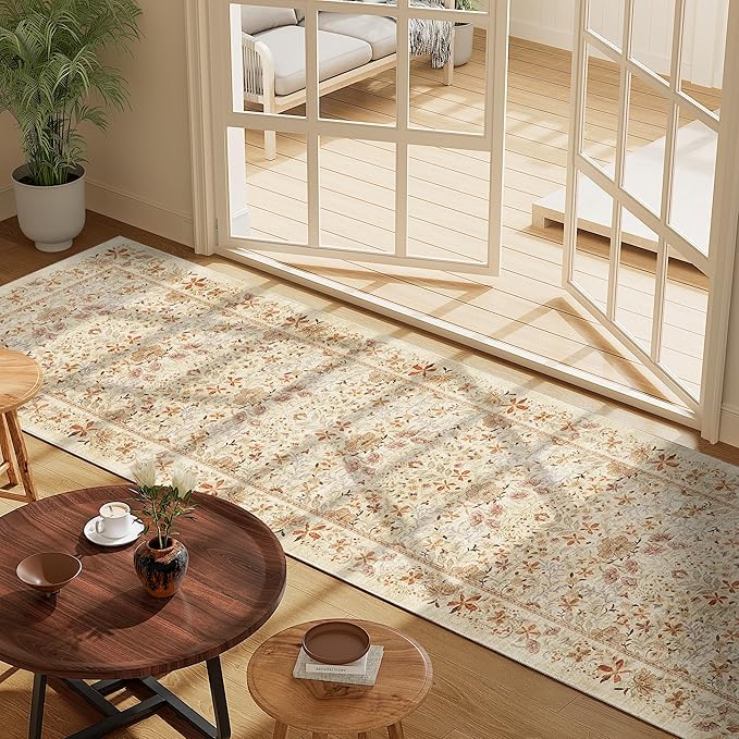 DUKINO 2.6x8 Runner Rug for Hallway, Washable Vintage Floral Kitchen Rug with Non Slip Backing, Soft Low Pile Throw Carpet Runner for Kitchen, Laundry, Hallway, Bathroom, Beige