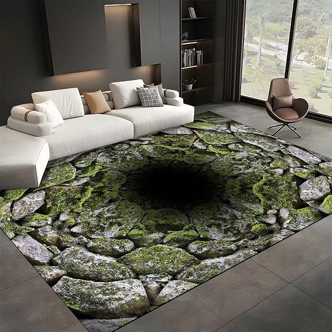 3D Hole Area Carpets, 8x10ft, Optical Illusion Design Pattern Floor Rugs, Realistic Abyss Perspective Effect Non-Shedding Playing Mat, Cozy Thin Breathable Durable Rug for Living Room
