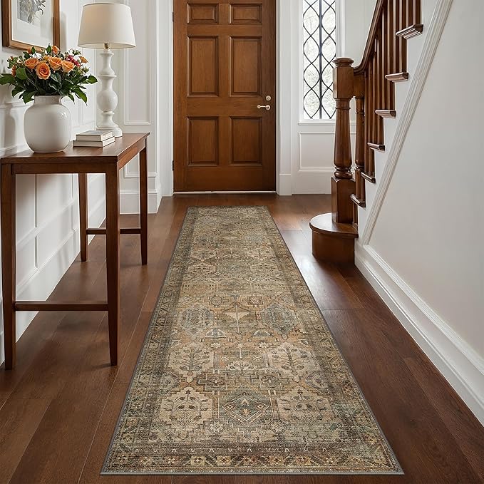 Bavni Runner Rug 3x8 Kitchen Rugs for Hallways Entryway, Washable Vintage Print Carpet, Ultra-Thin Chenille Low Pile Lightweight Rug with Non Slip Backing, Warm Taupe