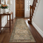 Bavni Runner Rug 2x12 Kitchen Rugs for Hallways Entryway, Washable Vintage Print Carpet, Ultra-Thin Chenille Low Pile Lightweight Rug with Non Slip Backing, Warm Taupe
