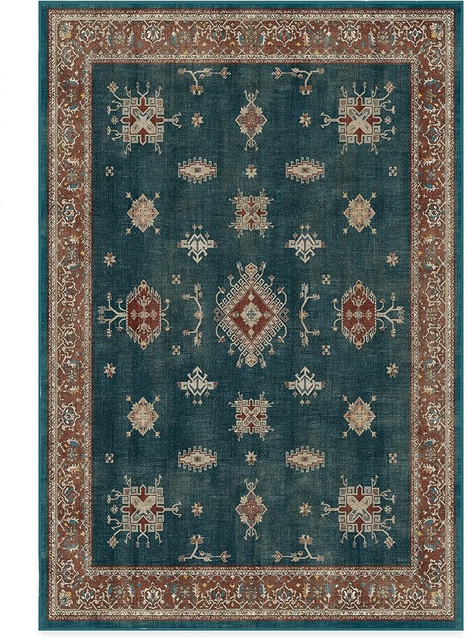 RUGGABLE Washable Vintage Area Rug – Verena Teal Blue 6x9, Stain-Resistant, Non-Slip – Medium Machine Washable Rugs for Living Room, Bedroom, Hallway, Entryway & Office–with Cushioned Pad