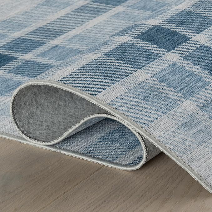 Dash & Albert Andri Plaid Blue Machine Washable Rug, 4 X 6 Feet, Blue/White Plaid Pattern