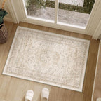 Entryway Area Rug 2x3 Beige Vintage Distressed Indoor Carpet Oriental Soft Thin Small Door Mat Non Slip Low Pile Throw Rug for Entrance Bathroom Bedroom Kitchen Laundry