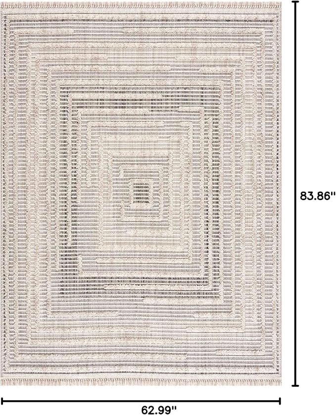 Hauteloom Lunao Farmhouse Living Room Bedroom Moroccan Square Pattern Abstract Area Rug - Soft Shaggy High Low Carpet - High Pile - Bohemian, Boho - Gray, Brown, Beige, Cream - 5'3" x 7'