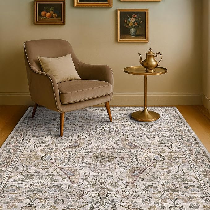 Large Washable Living Room Area Rug, Moss 4x6 Oriental Rug for Bedroom Beside Bed, Kitchen, Mudroom, Entryway, Vintage Home Décor, Non Slip Soft Stain Resistane Carpet with Bird Pattern