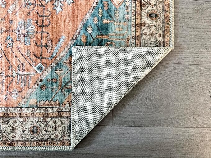 GLN Rugs Traditional Collection - Machine Washable Area Rug, Traditional Washable, Non Slip, Low Pile Chenille Rug, Living Room, Bedroom, Kitchen Rug (8' x 10' Terra/Multicolor)