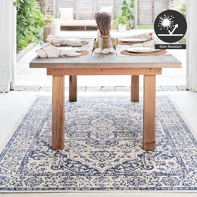 FH Home Flat Woven Outdoor Rug - Waterproof, Easy to Clean, Stain Resistant - Premium Polypropylene Yarn - Vintage - Patio, Porch, Deck, Balcony - Ankara - Distressed Blue - 5ft 2in x 7ft 6in