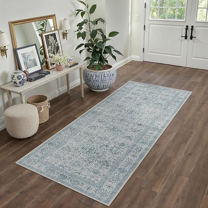 Blue Runner Rug 2x6 Hallway Washable Carpet Soft Vintage Indoor Kitchen Non Slip Bedroom Traditional Retro Distressed Thicker Throw Long Rug Bathroom Laundry Entryway Office Dining Room