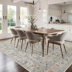 Washable Living Room Rug: 8x10 Boho Floral Soft Area Rug for Bedroom Decor - Vintage Low Pile Thin Carpet for Dining Room Non-Slip - Farmhouse Stain Resistant Rugs - Beige Blue