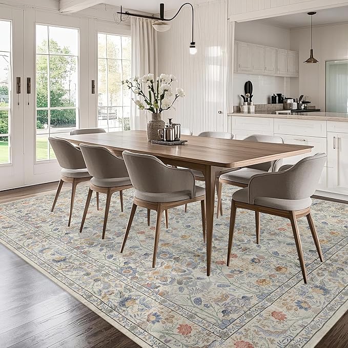 Washable Living Room Rug: 8x10 Boho Floral Soft Area Rug for Bedroom Decor - Vintage Low Pile Thin Carpet for Dining Room Non-Slip - Farmhouse Stain Resistant Rugs - Beige Blue