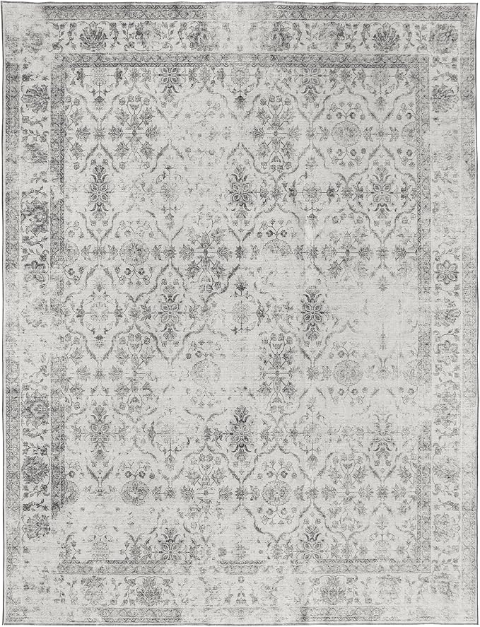 ReaLife Rugs Machine Washable Area Rug - Living Room Bedroom Bathroom Kitchen Entryway Office - Padded Low Pile Stain Resistant Premium - Boho Farmhouse Vintage - Noor - Ivory Grey 5' x 7'