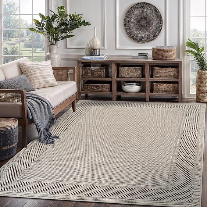 CAMILSON Easy Jute Rug 8x10, Indoor Outdoor Off-White Color Fiber Area Rugs for Entry, Living Room and Bedroom Rug, Bordered Boho Woven Design, Easy-Cleaning, Washable Outside Carpet (8 x 10)