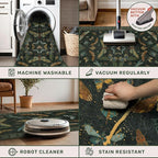 Dark Green Rug for Entryway Indoor- 3x6 Large Washable Kitchen Rug, Non Slip Insect & Floral Pattern Carpet for Entry Way, Mudroom, Vintage Stain Resistant Indoor Décor