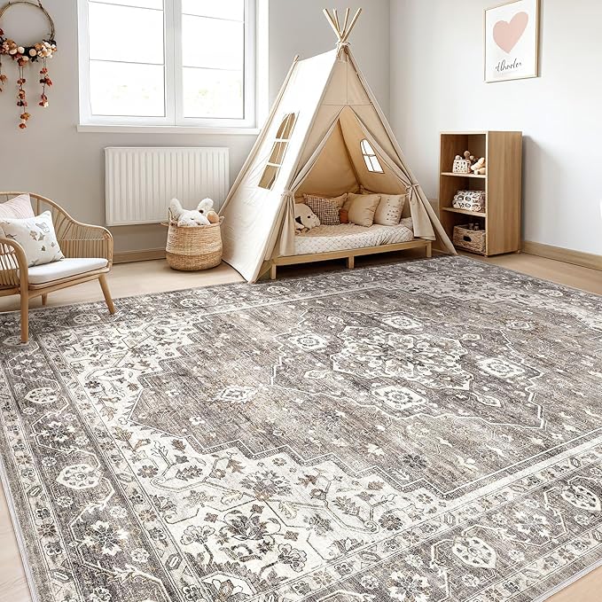 10x14 Area Rugs Living Room: Washable Boho Large Neutral Vintage Soft Rug Stain Resistant Farmhouse Non-Slip Indoor Rustic Floor Carpet for Bedroom Nursery Kids Playroom Office Dining Room- Dark Brown